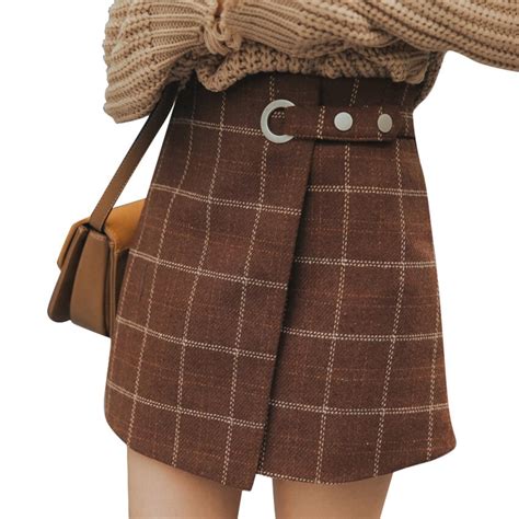 Autumn Winter Mini Skirt New Women High Waist Woolen Plaid Skirts Sexy Asymmetrical Woolen Skirt