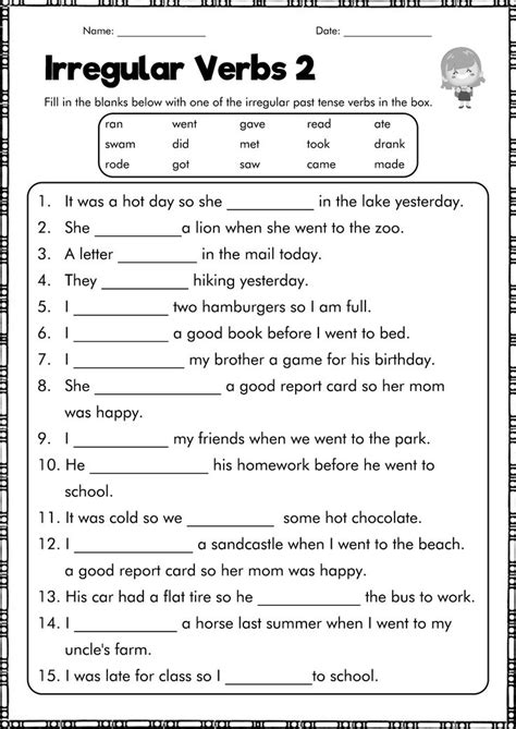 The Irregular Verbs Worksheet Is Shown In Black And White With An Image Of
