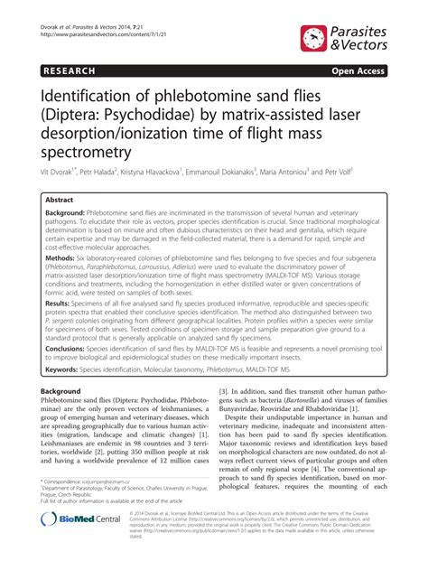 Pdf Identification Of Phlebotomine Sand Flies Diptera Psychodidae By Matrix Assisted Laser