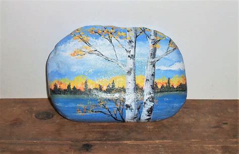 Lake Scene With Birch Trees Painted Art Rock Tree Painting Birch