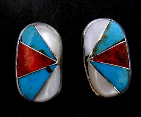 Zuni Multi Stone And Sterling Silver Inlay Oval Post Earrings Palms
