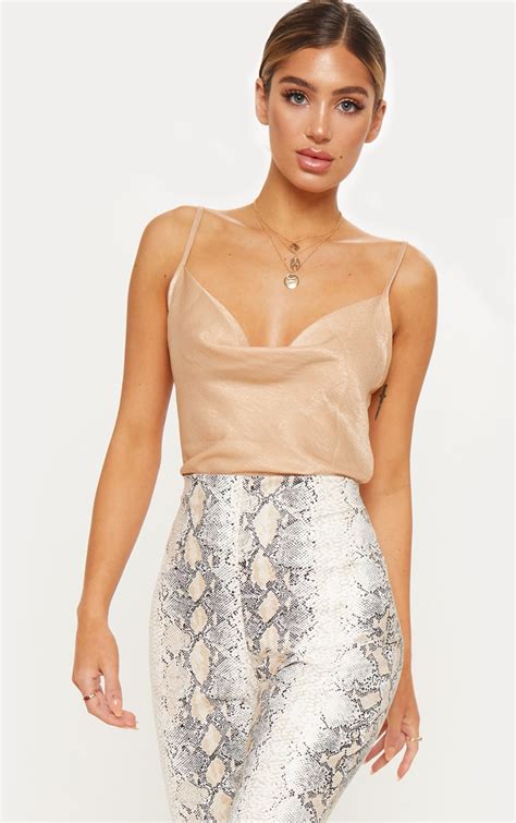 Champagne Hammered Satin Cowl Cami Tops Prettylittlething