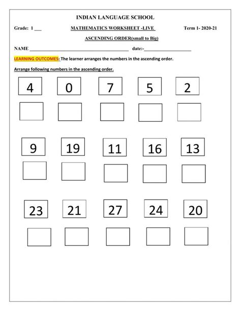 Ascending Order Worksheet For Grade 1 Mathematics Worksheets