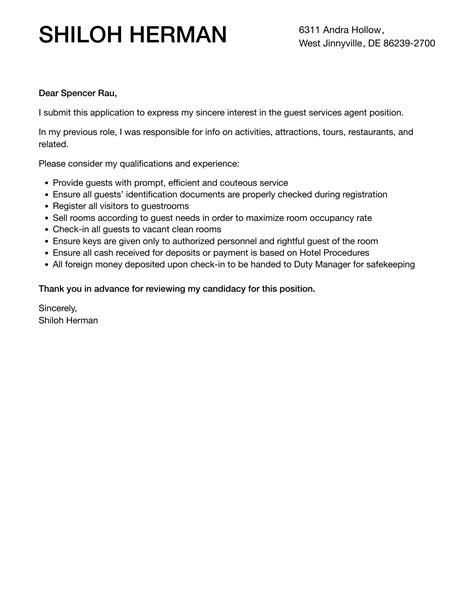 Guest Services Agent Cover Letter Velvet Jobs