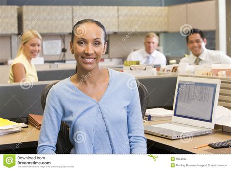 Businesswoman In Cubicle Smiling Stock Photo Image Of Businesswoman
