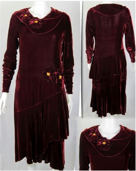 Vintage 1930s Dark Red Velvet Flapper Dress Med For Sale Antiques
