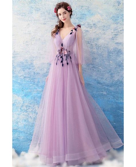 Beautiful Purple A Line Long Prom Dress V Neck With Sleeves Wholesale