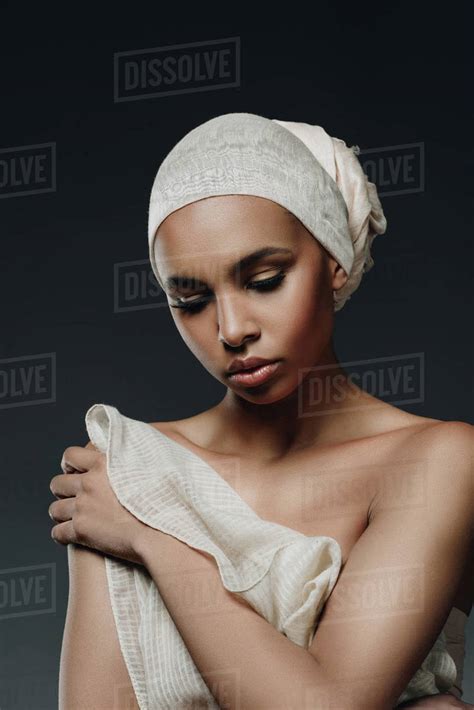 Attractive Elegant African American Girl Posing In White Cloth