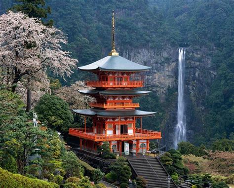 Japan Temple Against The Background Of A Mountain Waterfall Beautiful