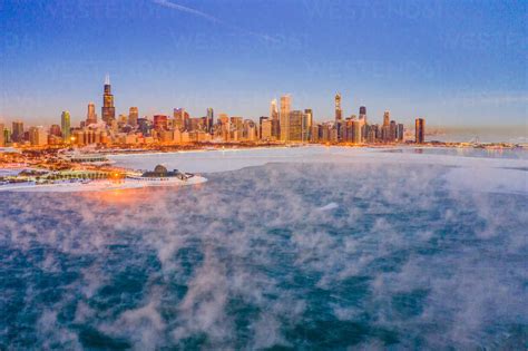 Aerial View Of Lake Michigan Near Chicago Frozen During The Winter