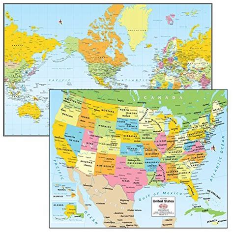 Colorful Political Mercator Projection World And Usa Desk Map Set Gloss