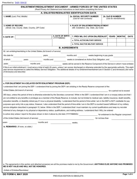Dd Form 4 Enlistmentreenlistment Document Armed Forces Of The United