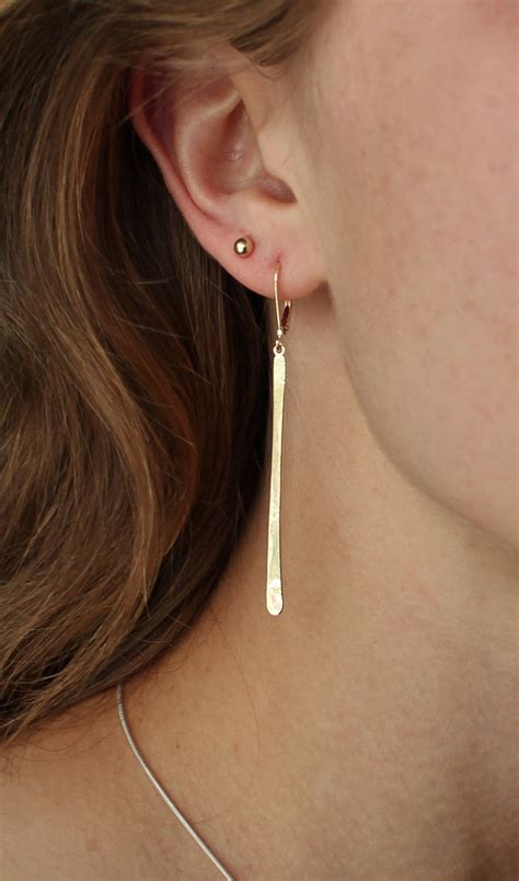 14k Gold Long Bar Earrings Gold Thread Earrings Stick Long Thin Ear