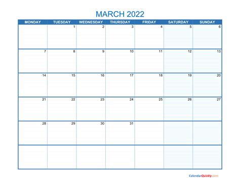 March Monday 2022 Blank Calendar Calendar Quickly