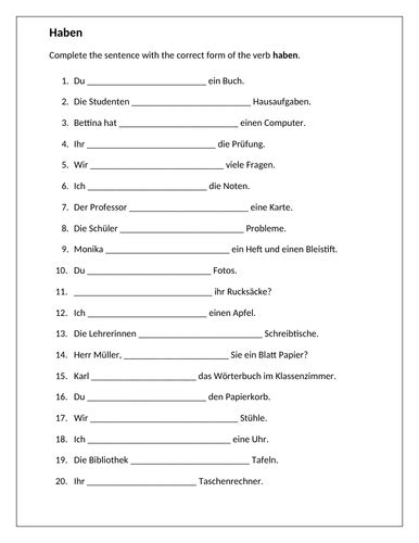 Haben German Verb Worksheet Teaching Resources Verb Worksheets