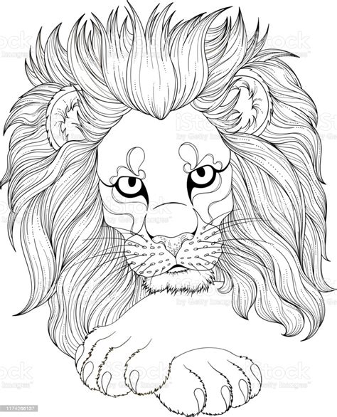 Monochrome Drawing Of Lion For Adult Coloring Pages Stock