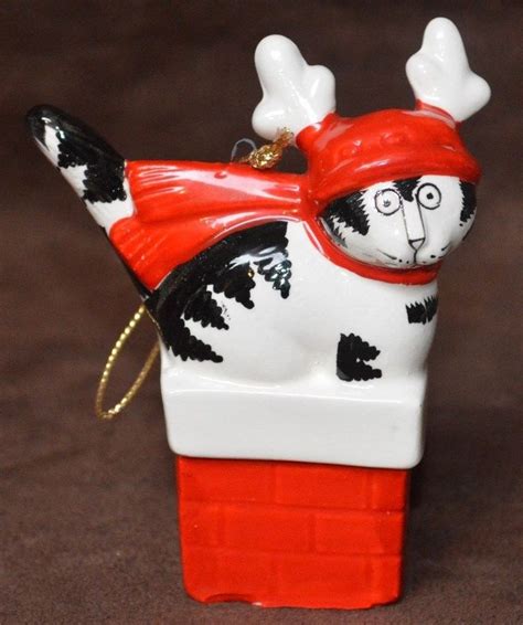 1980s Kliban Cat Christmas Ornament Sitting On Chimney Reindeer Hat