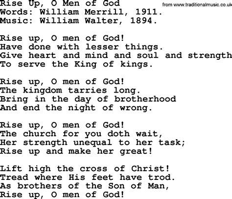 Most Popular Church Hymns And Songs Rise Up O Men Of God Lyrics