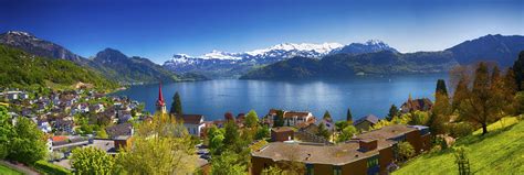 Panorama Image Of Village Weggis Lake Lucerne Vierwaldstatersee