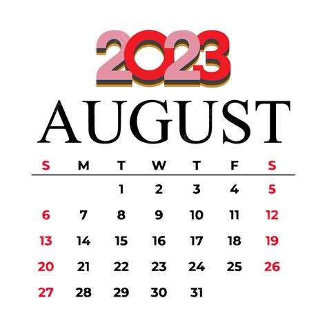 August 2023 Month Calendar Vector Template Download On Pngtree