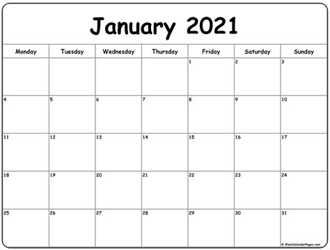 2021 Calendar Monday Through Sunday Calendar Printables Free Blank