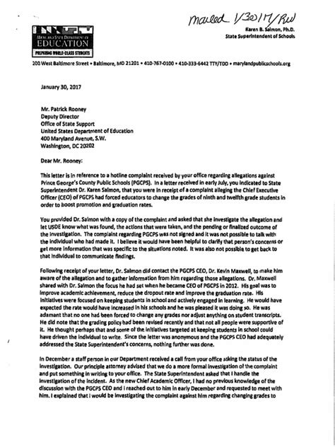 Maryland State Department Of Education Letters Chief