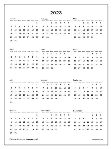 Kalender 2023 Zum Ausdrucken “33ms” Michel Zbinden De
