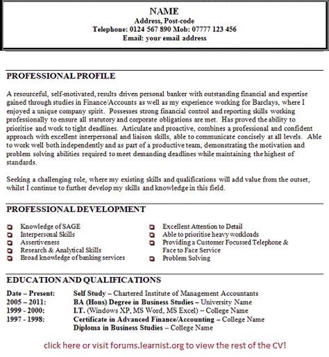 It's a professional summary of your work history, education, and skills. Personal Banker CV Example - Learnist.org