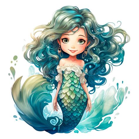 Childlike Mermaid Full Body With Tail Fin Stock Illustration
