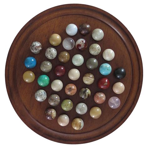 Fine Marble Solitaire Hardwood Board With 37 Agate Mineral Stone