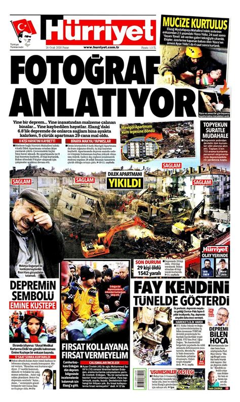 Elazığ depremi gazete manşetlerinde 26 Ocak 2020 gazete manşetleri
