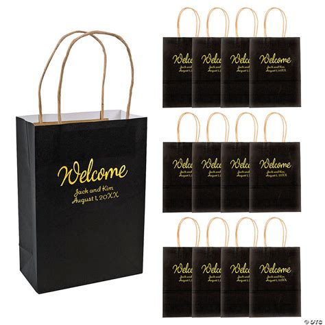 Personalized Medium Black Kraft Paper Welcome T Bags With Gold Foil