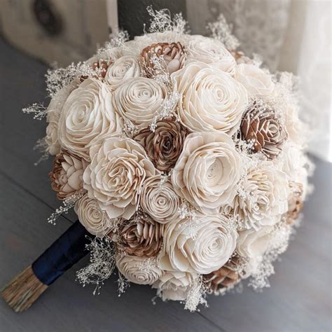 All Ivory Raw Sola Wood Flower Bouquet With Babys Breath Rustic