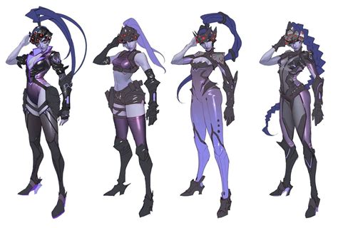 Three Different Poses Of An Alien Woman In Purple And Black Outfits