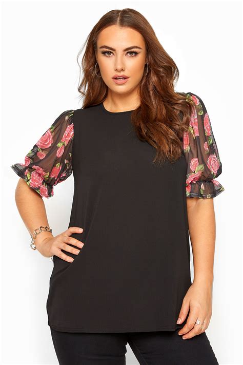 Black Floral Mesh Puff Sleeve Top Yours Clothing
