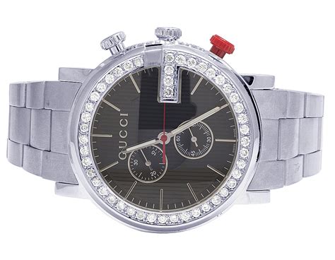 Mens Gucci 101 G Chrono 44mm Ssteel Black Dial Diamond Watch Ya101361