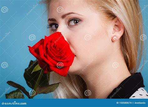 Gorgeous Woman Holding Red Rose Flower Stock Photo Image Of Romantic
