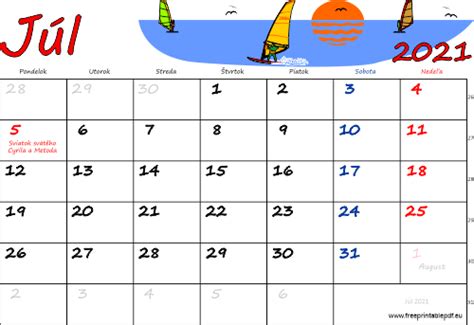 Kalendár Mien Júl 2021 Tlač Pdf Pre Tlač Zdarma