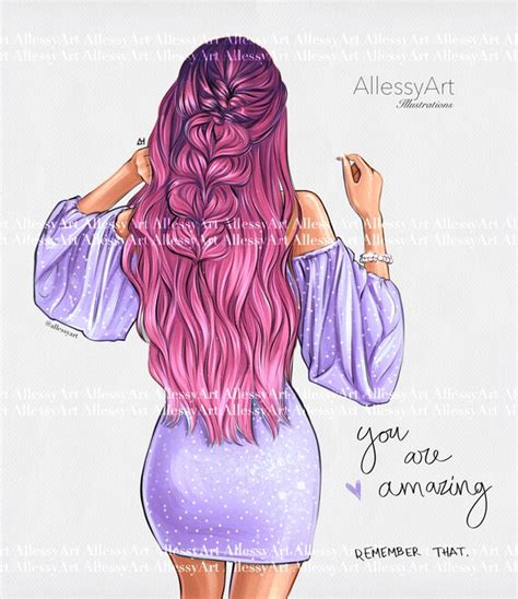 Instant Download Purple Dress Pink Hair Fashion Illustration Etsy