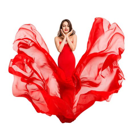 Woman Red Dress Flying Fabric Gown Cloth Flowing On Wind Stock Photos