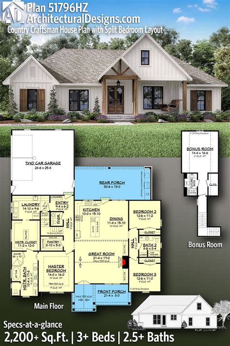 Plan 51796hz Country Craftsman House Plan With Split Bedroom Layout