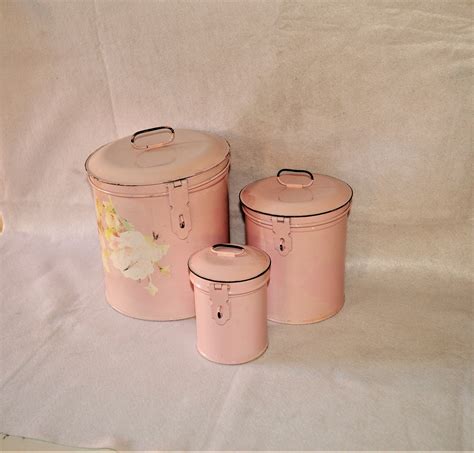 French Pink Kitchen Canister Set Of 3 Floral Mid Century Etsy