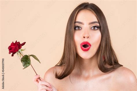 Beautiful Surprised Woman With Red Rose Flower Red Lips And Rose Beauty Girl Sensual Sexy