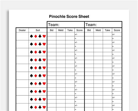Pinochle Score Card Printable Pinochle Score Sheet Pinochle Etsy