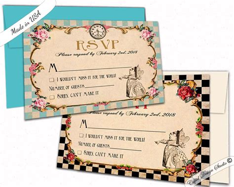 The rsvp card attached to the envelope — with a perforation that is easy to tear and send — is a postcard style. Alice in Wonderland Wedding RSVP card. Queen of Hearts wedding invites matching card.