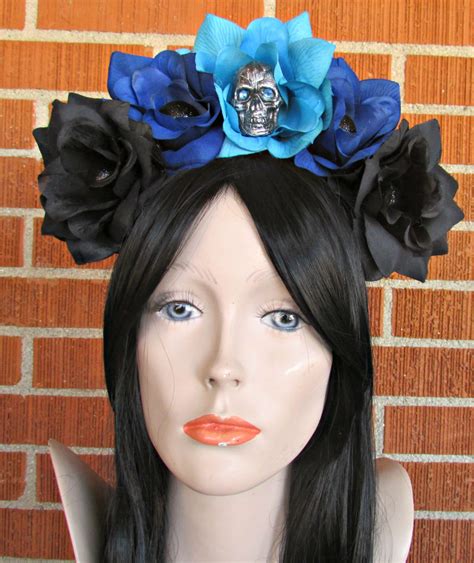 Blue And Black Rose Skull Headband Floral Crown Gothic Flower Crown