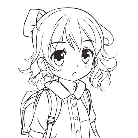 Anime Girl Coloring Page With A Backpack Outline Sketch Drawing Vector