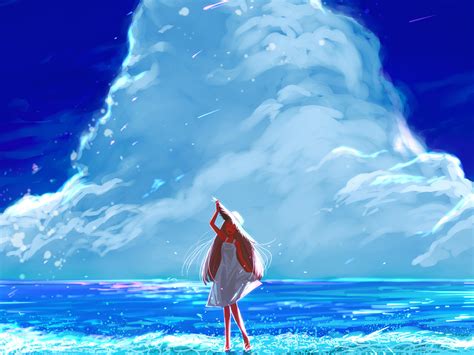 1024x768 Anime Girl Beach Happy Long Hair Clouds 4k 1024x768 Resolution