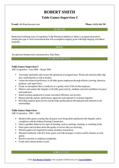 Resume format pros and cons. Table Games Supervisor Resume Samples | QwikResume