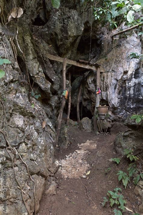 Secret Door Of Cave Entrance Holy Buddhist Sanctuary In Jungle In